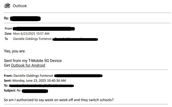 June 23 2025 email authorizing Danielle Giddings Fontenot to discuss week-on-week-off parenting time and switching schools