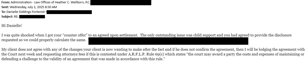July 2 2025 email stating there is a full agreement and threatening to lodge the agreement with fees